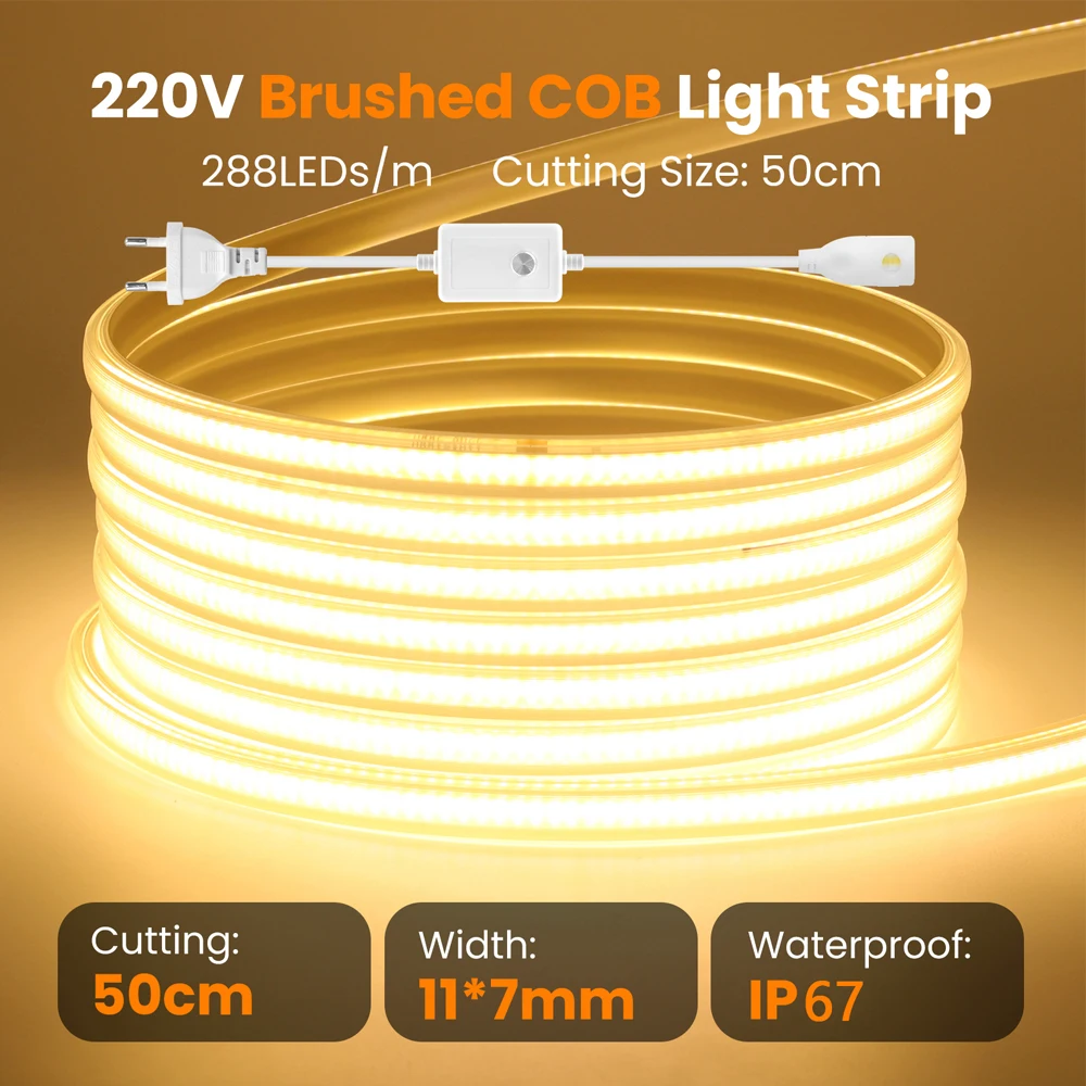 

220V Dimmer Switch COB LED Strip Light Dimmable EU Plug Kit Bright 288LEDs Flex Lamp Waterproof Warm White Natural Home Lighting