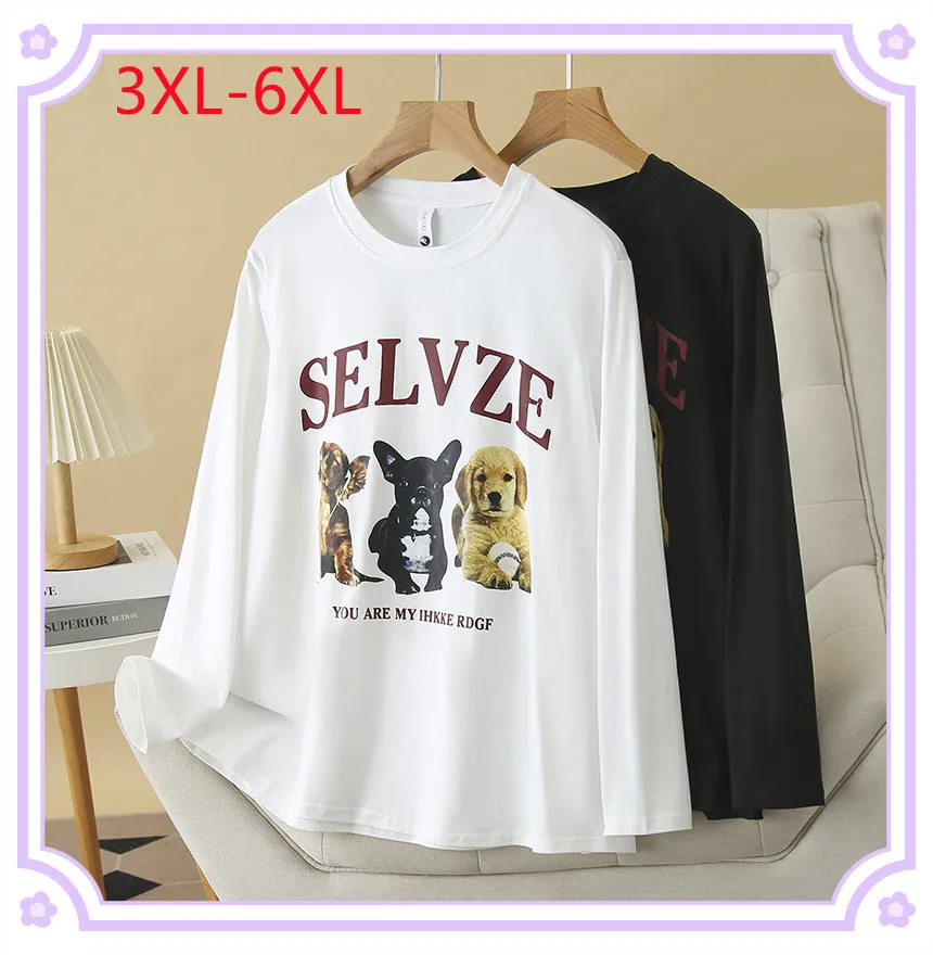 New 2025 Ladies Spring Summer Plus Size T-shirt For Women Large Size Long Sleeve O-neck Print Tops 3XL 4XL 5XL 6XL