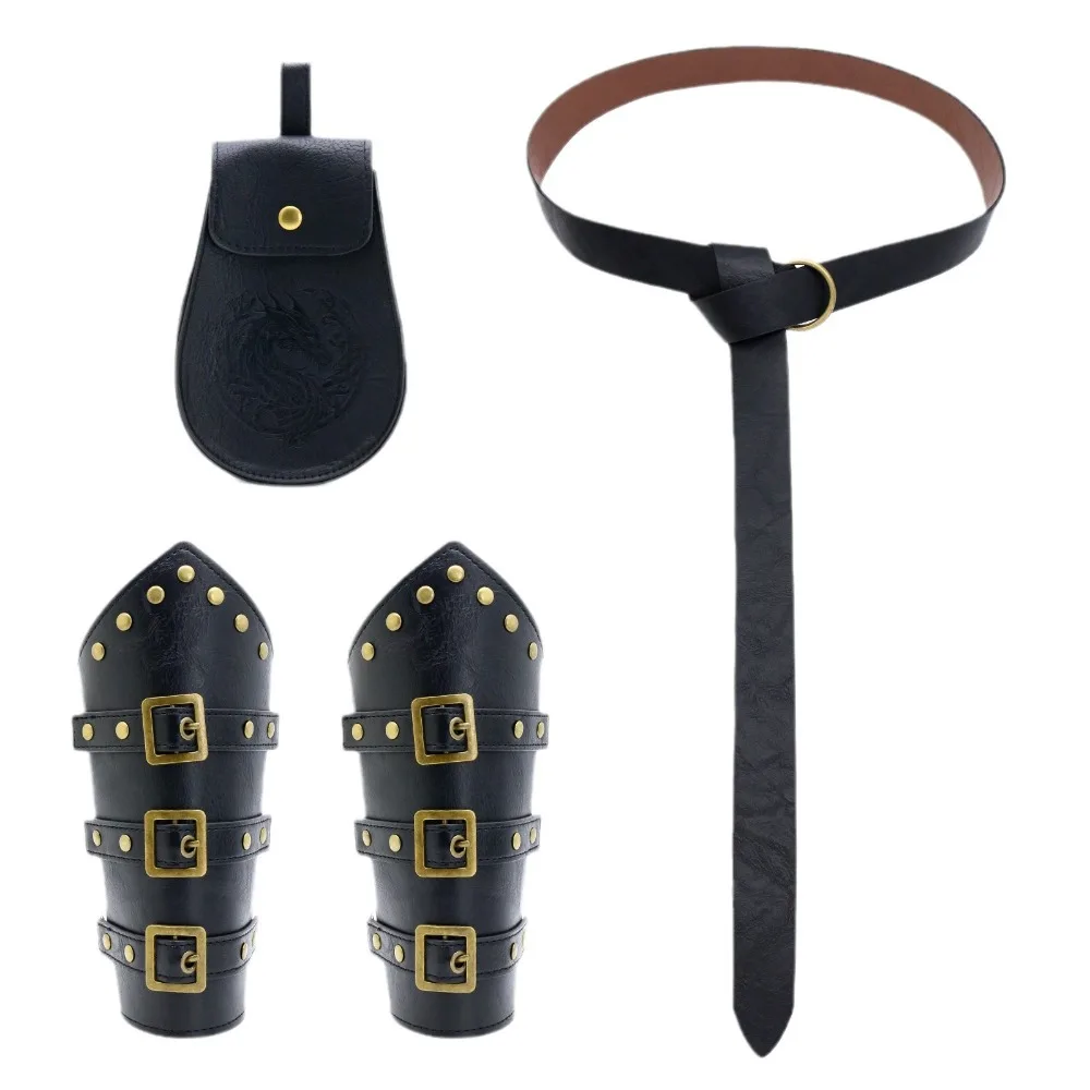 Set cintura medievale vichinga rinascimentale - Bracciale vintage + marsupio in rilievo + cintura in pelle strutturata (Halloween / tema essenziale)