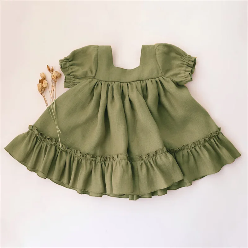 Summer Vintage Baby Girl Dress Linen Cotton Ruffles Kids Dress for Girls 1-5Years Baby Girl Clothes Toddler Girls Dress