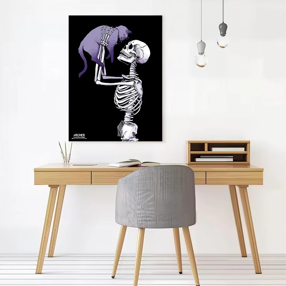 Skeleton Holding Cat Printed Canvas Poster Custom Pictures Wall Art Canvas Painting for Gamer Decoration Room Ornaments Mural