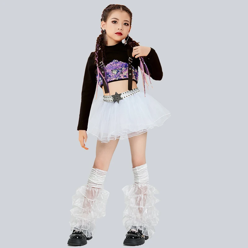 

2025 Новые костюмы для джазовых танцев для девочек, укороченные топы, белые юбки, костюм, современный танцевальный костюм в стиле хип-хоп, одежда для сцены, рейва XH3276