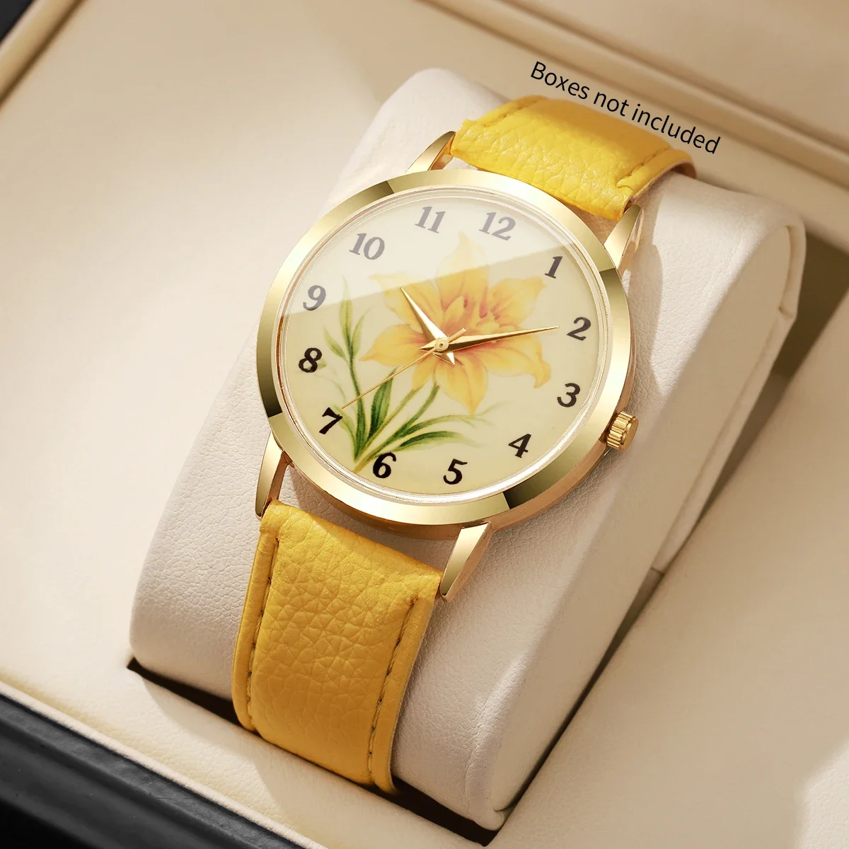 Fashion Flower Dial Women Watches Yellow Leather Strap Elegant Ladies Quartz Wristwatch Clock Relogio Feminino (Without Box)