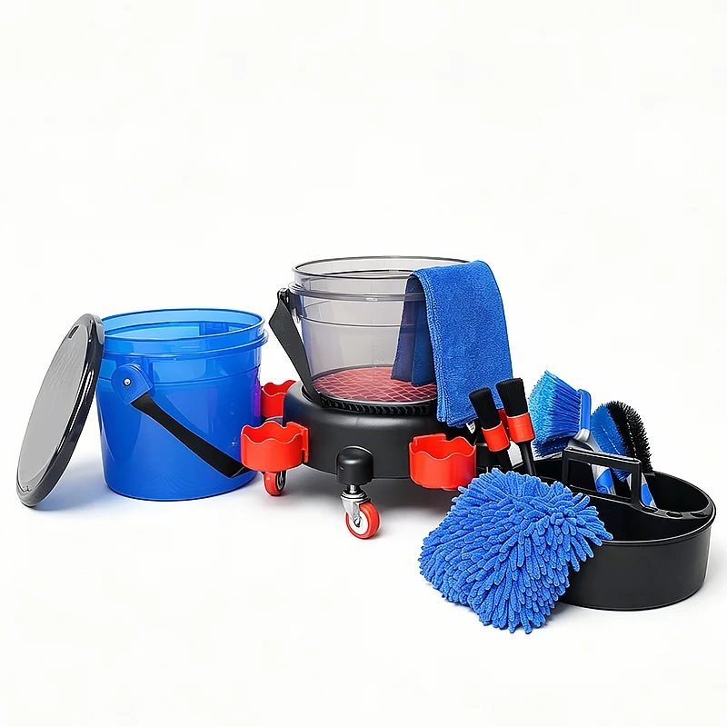 Clear car wash bucket with wheels, full car cleaning kit with brush and microfiber cloth