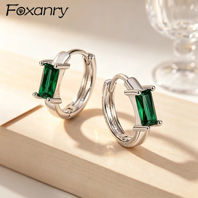 Foxanry Korean Style Silver Color Hoop Earrings For Women New Creative Green Rectangle Zircon Wedding Party Jewelry Gifts Серьги