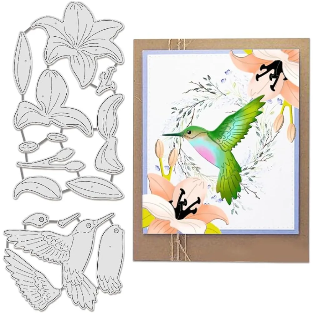 

Bird Flower Metal Die Cuts, Hummingbird Lily Leaves Cutting Dies Cut Stencils Embossing Stencils Template for Paper Card Making