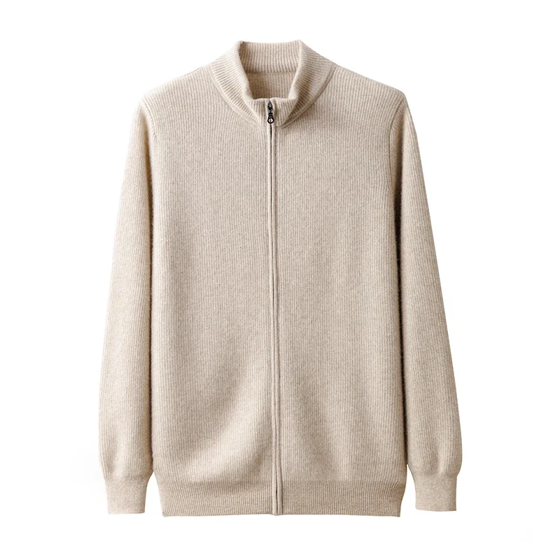 

Men's 100% Pure Mountain Cashmere Semi-High Neck Zipper Cardigan Knitted Padded Coat Youth Business Casual Sweater