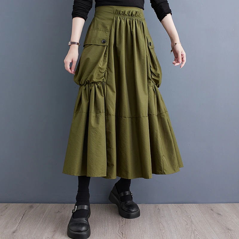 Gonna a trapezio a pieghe a vita alta Abbigliamento da lavoro patchwork da donna Vestibilità ampia con grandi kets Primavera Autunno Nuovo Sle