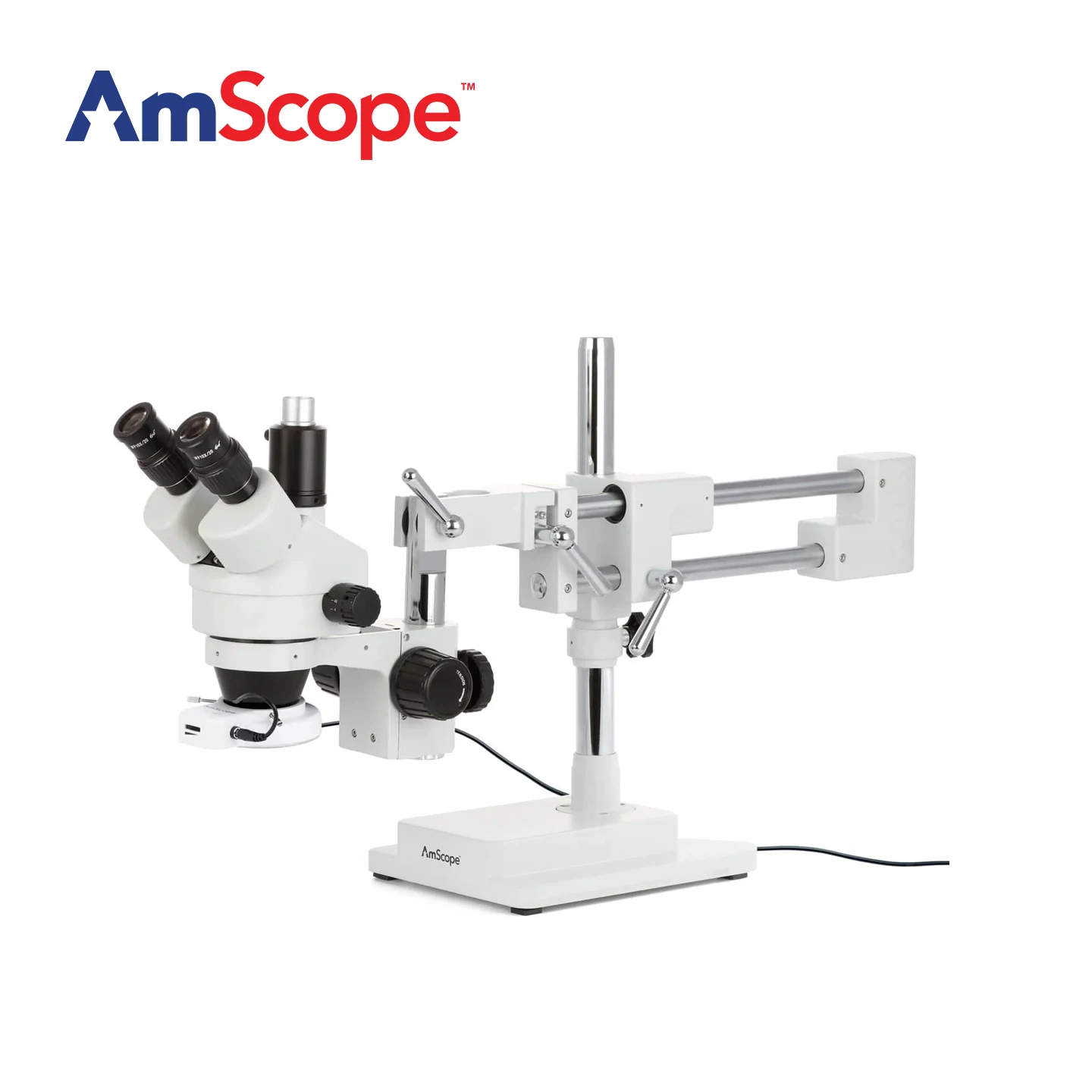 AmScope Simul-Focal Zoom Trinocular Stereo Microscope with 144 LED Compact Ring Light on Double