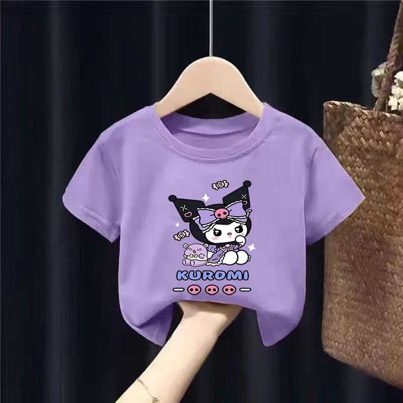 Kuromi Children Short Sleeves T-Shirts Cartoon Fashion Tops Anime Sanrio Girls Purple Kids Summer Tees Clothes Birthday Gift New