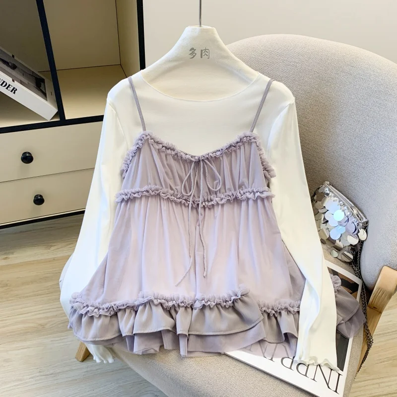 

Корейский стиль: повседневный комплект из двух предметов для женщин – базовая рубашка и топ-камизоль с сетчатыми вставками и кружевной отделкой, для весны и осени