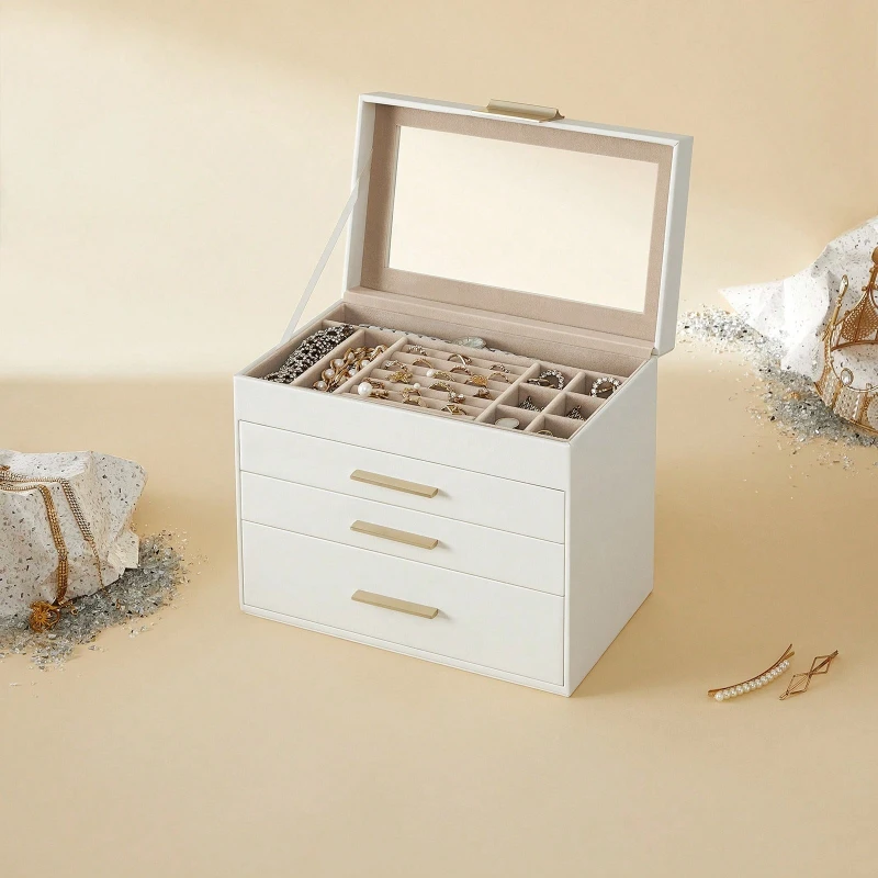 Organizador de Joyas de 4 Niveles con Tapa de Vidrio y 3 Cajones, Caja de Almacenamiento Grande para Gafas de Sol, Collares y Pulseras, Estuche Moderno para Decoración del Hogar, Blanco/Negro/Verde