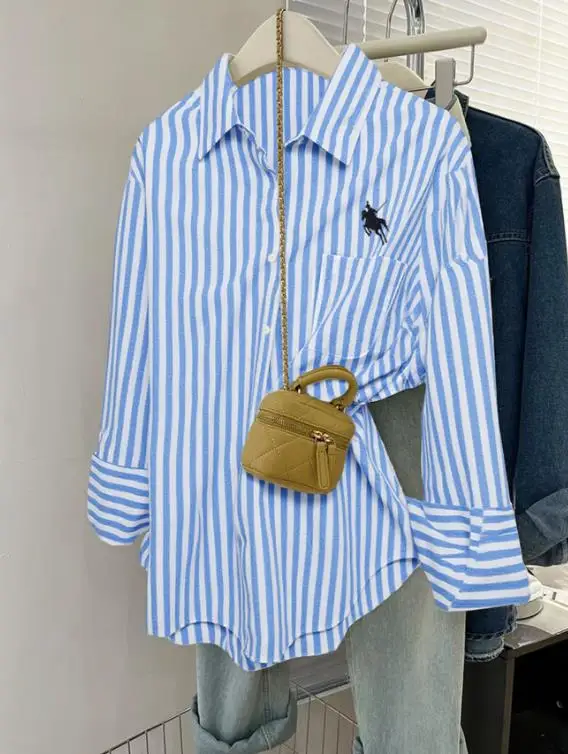 

Осенняя модная повседневная полосатая рубашка на пуговицах с принтом и вышивкой для женщин, классическая полосатая рубашка в стиле ретро для поездок на работу