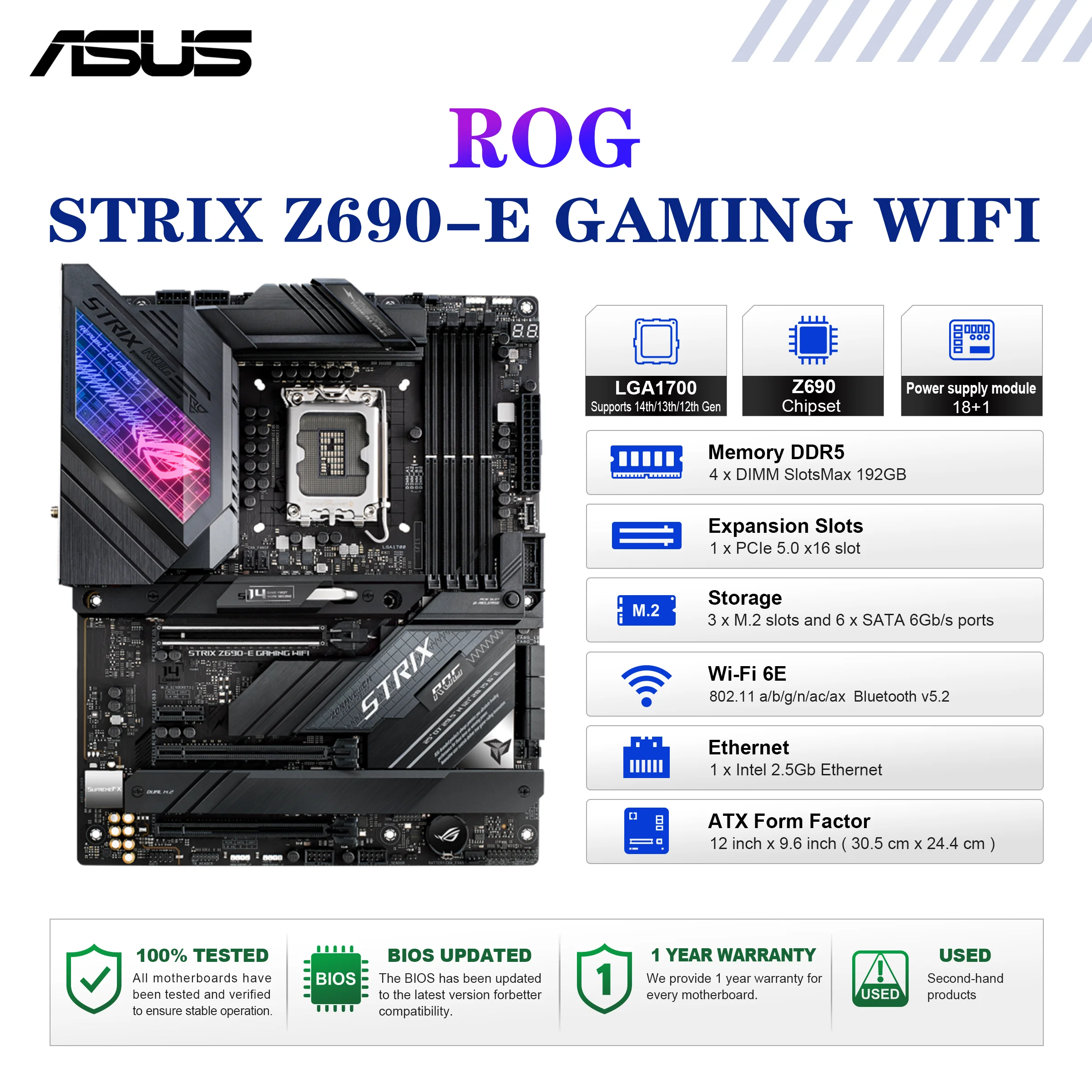 ASUS ROG STRIX Z690-E GAMING WIFI placa base Socket LGA1700 CPU DDR5 6400(OC) MHz Chipset de memoria Z690 ATX placa base