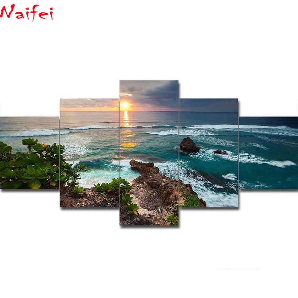 

5pcs Full Square/Round Drill 5D DIY Diamond Painting "Beach sea view" Multi-picture Combination 3D Embroidery sunrise scenery