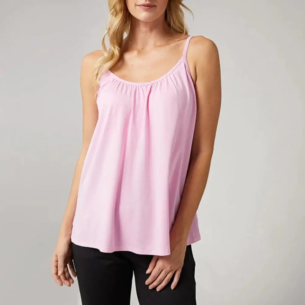 2026 Women Tank Top Cotton Blend Camisole Top Women Loose Cami Top with Built-in Padded Bra Pleated Spaghetti Strap Tank Tops