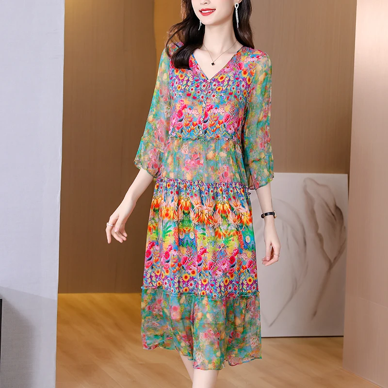 Summer Dress 2023 Woman Silk Floral Dress Elegant Long Beach Vintage Dresses for Women