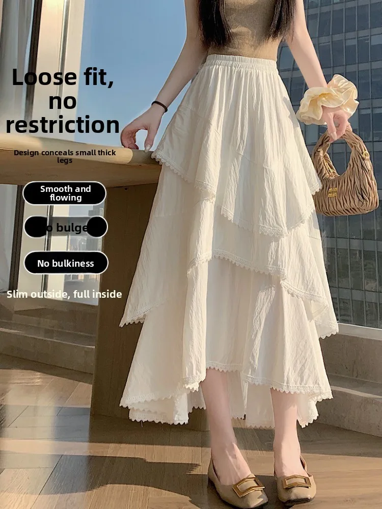 Irregular Lace Trim Long Skirt Half-length Women's Spring Summer Super Beautiful White Cake Design Fairy Skirt Korean Style H...