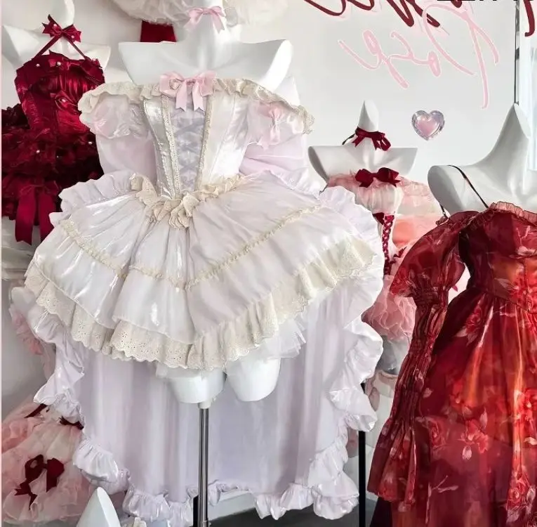 Original High Quality Pink Princess Lolita Set New Spring Summer Sexy Off Shoulder High Waist Slim Cute Bow Trailing Puff Dress