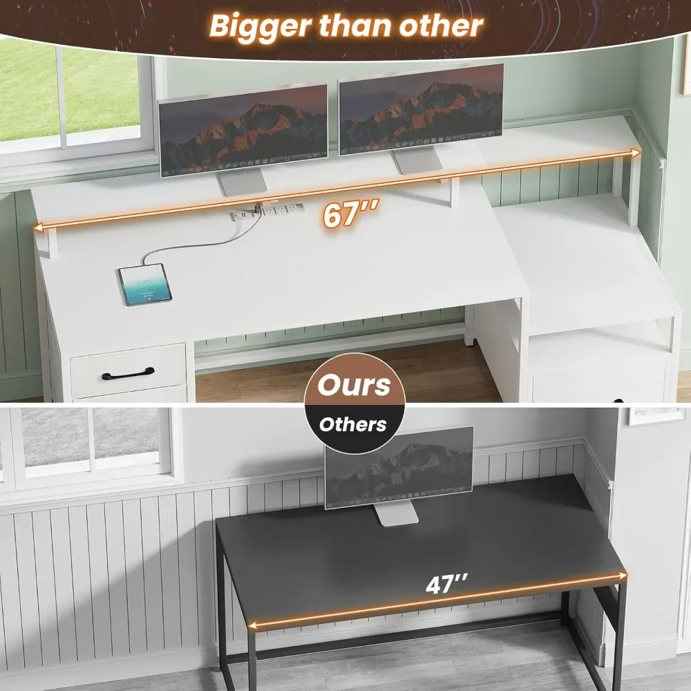 Computer Desk with 5 Drawer & Power Outlet, 66'' Home Office Desk with File Drawer, Storage Shelves, Printer Cabinet