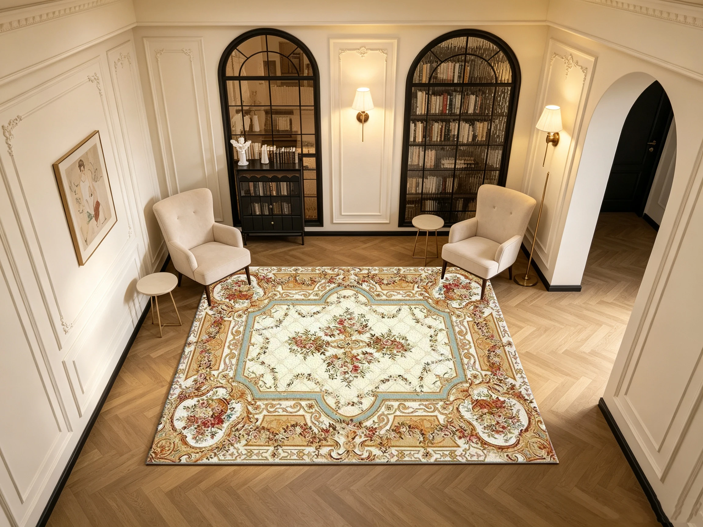 Gold Baroque Floral Square Area Rug Luxury Rococo Ornate Border Printed Floor Carpet for Living Room Bedroom Home Decor