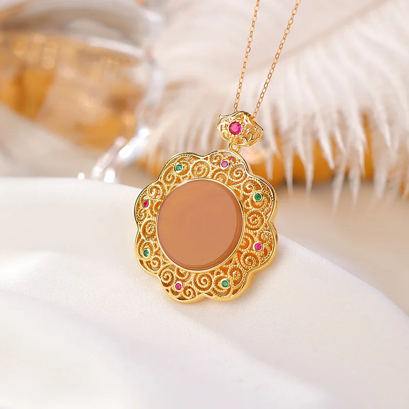 

S925 Sterling Silver Gold-Plated Amber Auspicious Eight Treasures Hollow Round Pendant Hanging Ornament