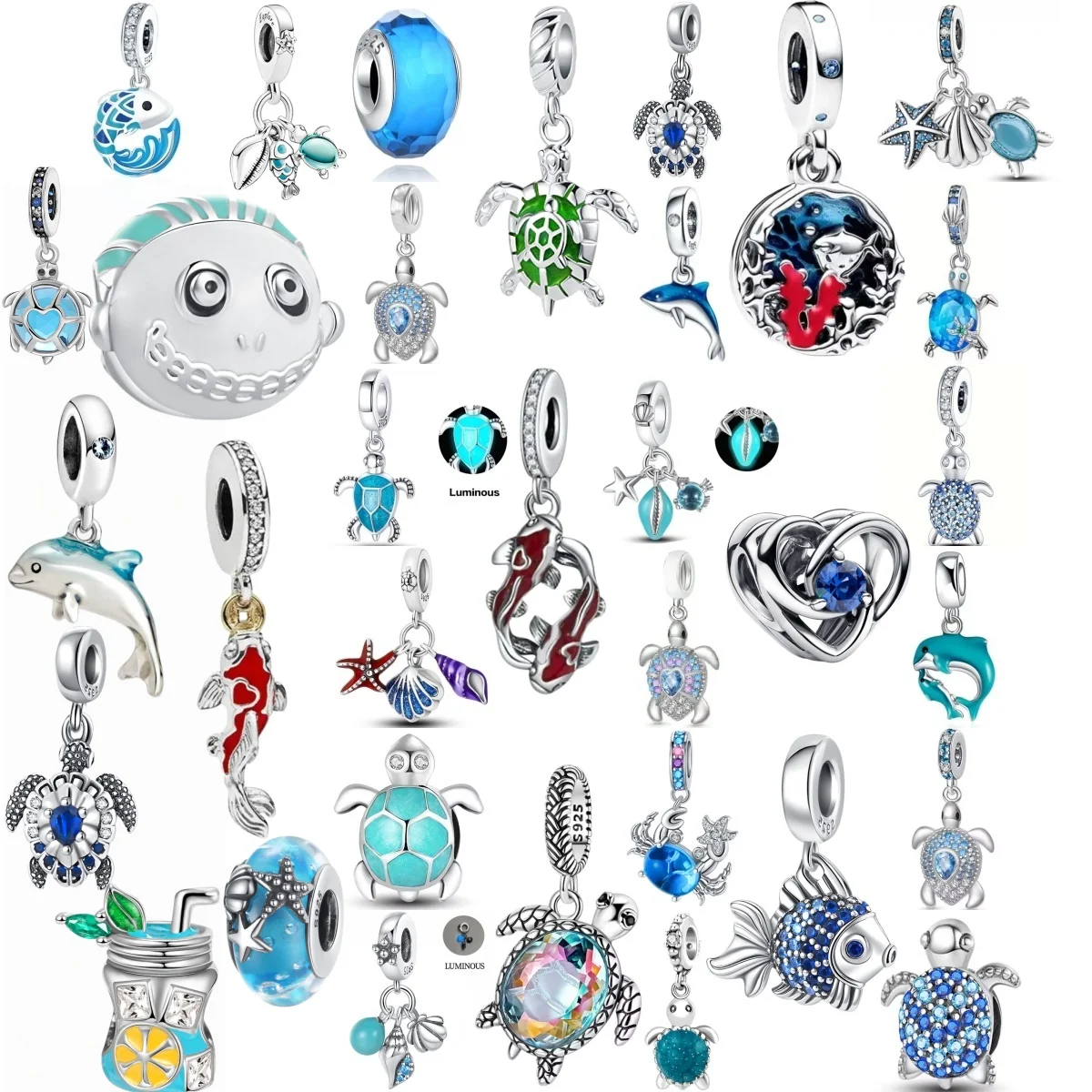 2026 Inlaid Zircon 925 Sterling Silver Fit Original Bangle Bracelet Turtle Luckily Koi Charms Shell Fish Dolphin Pendant Jewelry