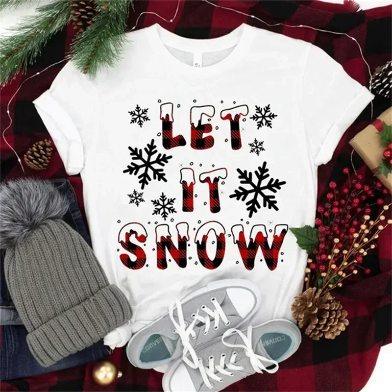 

Y2k Shirt Christmas Let It Snow Merry Christmas T-shirts WHITE Tshirts Oversized T Shirt Vintage Streetwear Summer Y2k Tops Tees