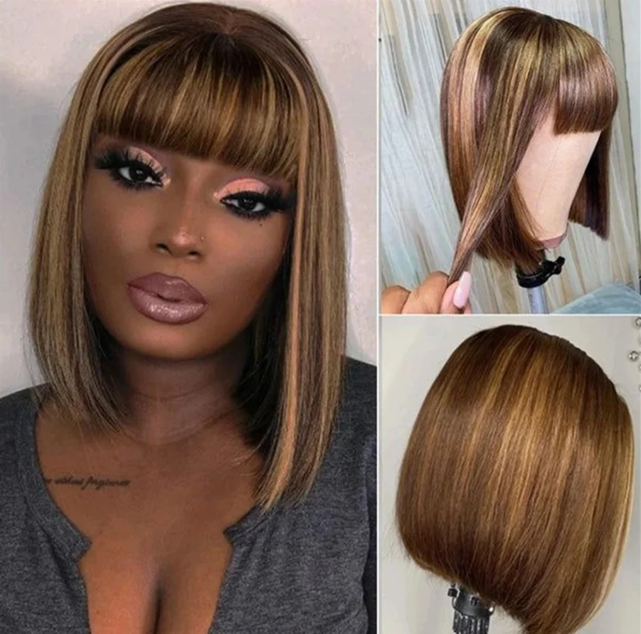 180D Straight Highlight Bob Wig Brazylijska peruka z ludzkich włosów z grzywką dla czarnych kobiet Remy Hair Full Machine Made Tanie peruki