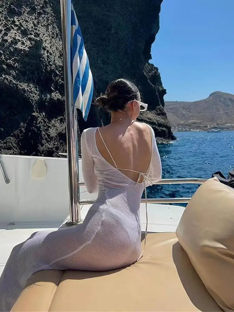 Abito da donna con scollo tondo solido elegante sexy senza schienale con lacci abito grembiule da spiaggia primavera estate abito con protezione solare a maniche lunghe Chic 2025