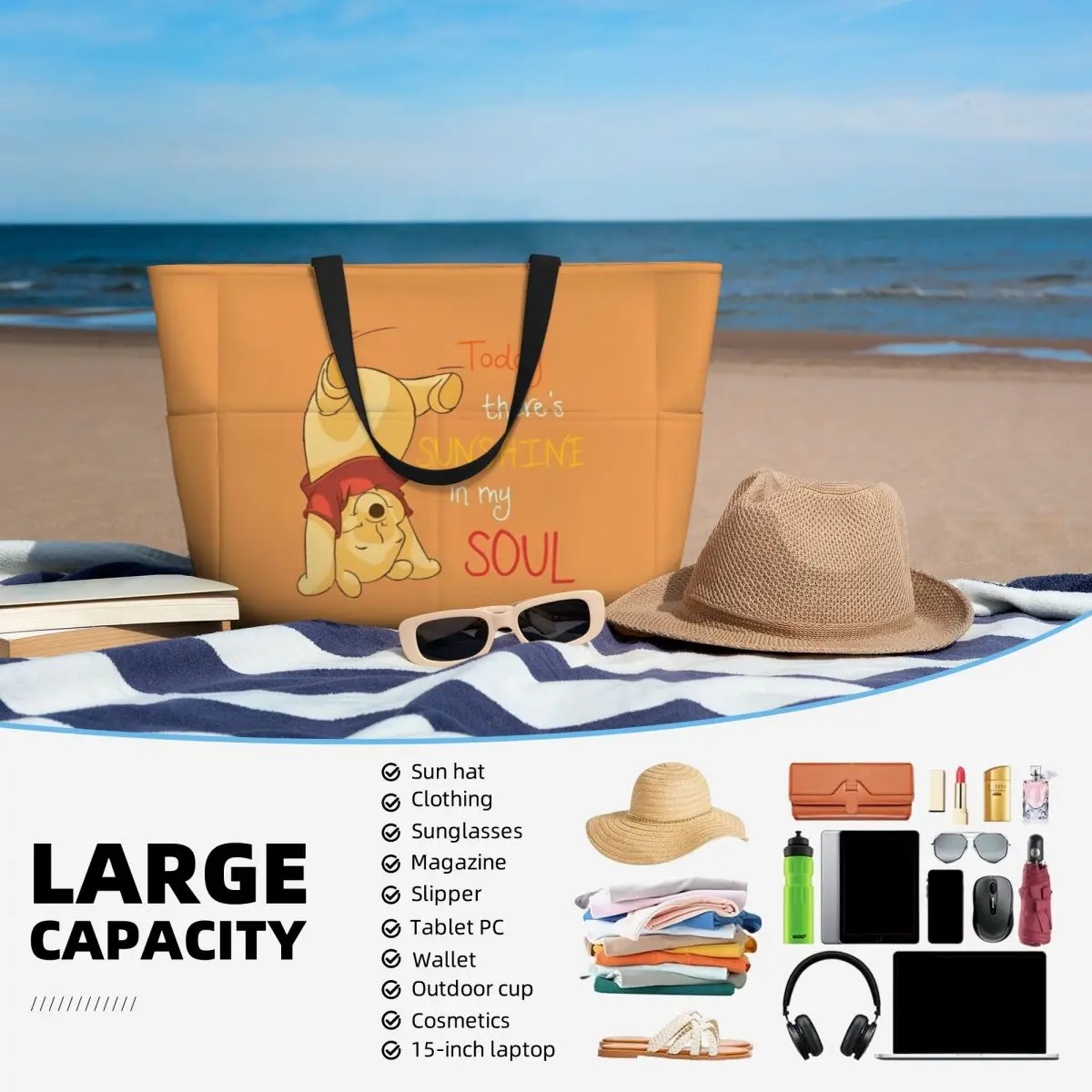 Winnie The Pooh Large Beach Tote Bag Women Waterproof Sandproof Tote Bags for Pool Party