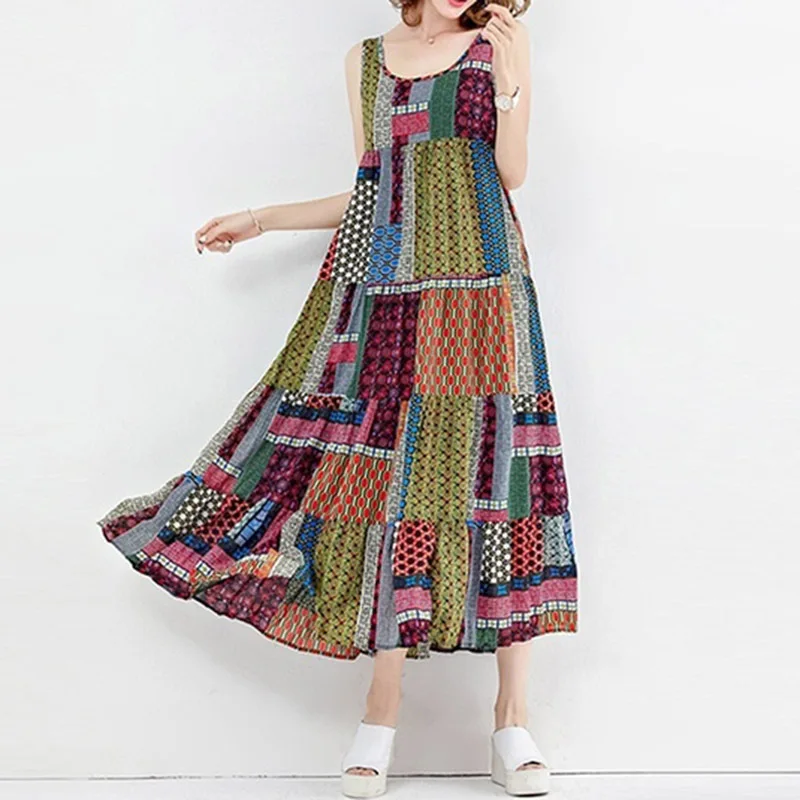 Bohemian O-neck Sleeveless Loose Waist Vintage Fashion Dress Straight Print Retro Patchwork Summer Mid Calf Women Female 2022
