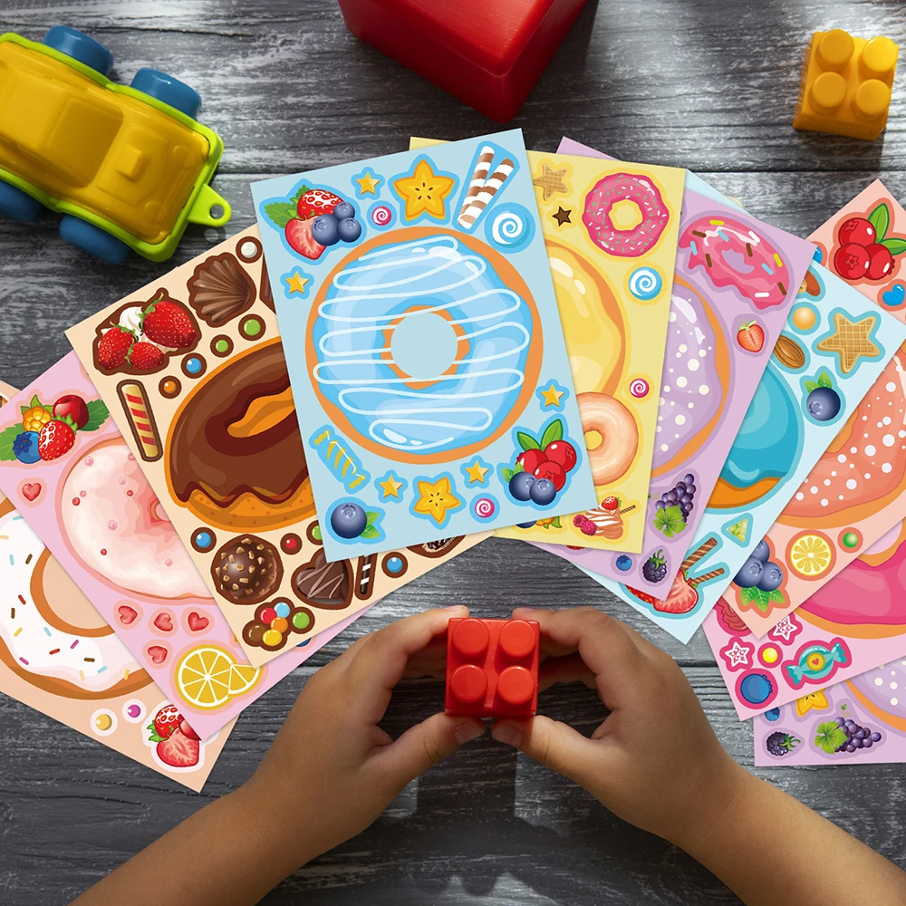 Juego de pegatinas de rompecabezas de donuts para niños, juguetes educativos para fiesta de cumpleaños, regalo de fiesta, 9 o 18 hojas