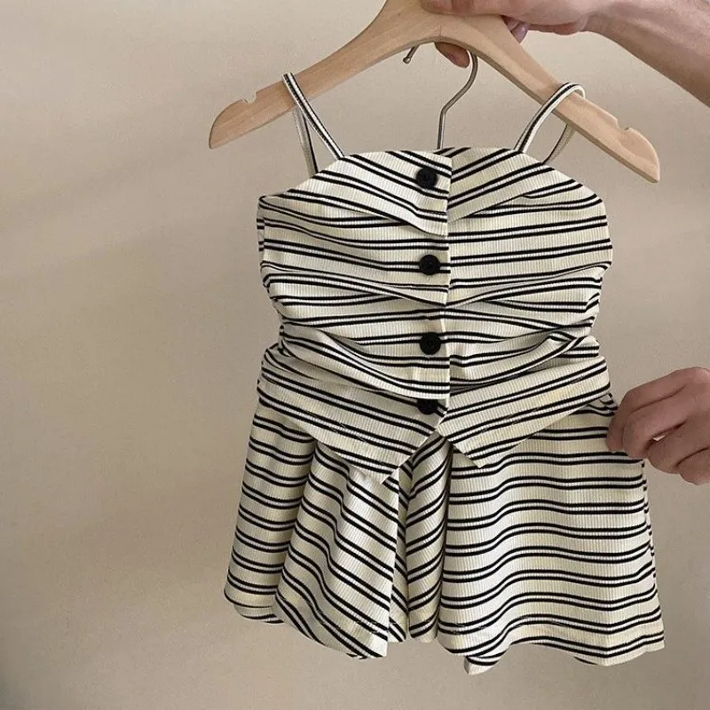 

Baby and Girls Clothing Set Summer New Fashion Design Sense Children's Folded Stripe Sling Top and Shorts Two piece Set