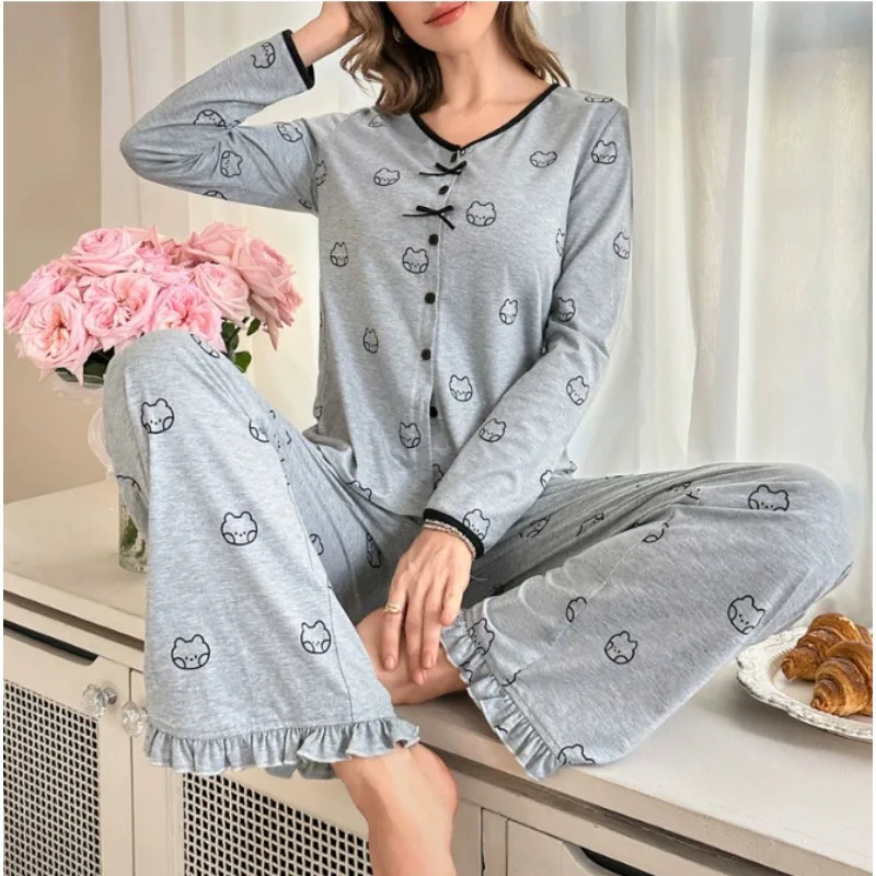 

Women's Two-Piece Pyjamas Sweet and Cute Style Print Bow-Tie Buttoned V-Neck Long-Sleeved Top Ruffled Hem Long Trousers Homewear