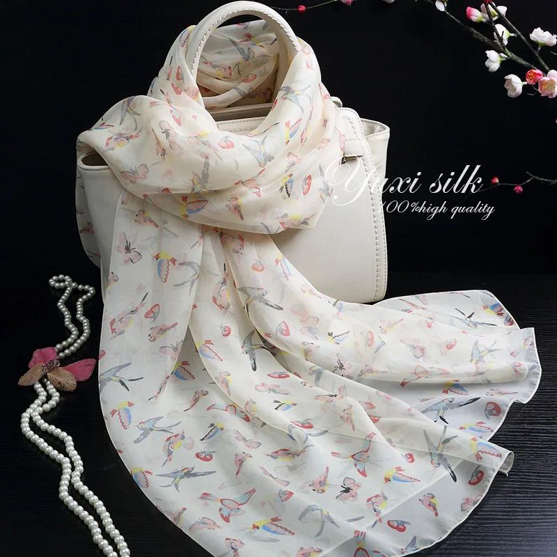 

High Quality Beige Bottom Bird 100% Silk Long Scarves Shawl Women's Spring, Autumn and Winter Summer Scarf