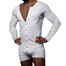 Men's Casual Long Sleeve Jumpsuits Short Trouser Pant Male Rompers Button Down White/Green M~3XL (Compare Sizes)