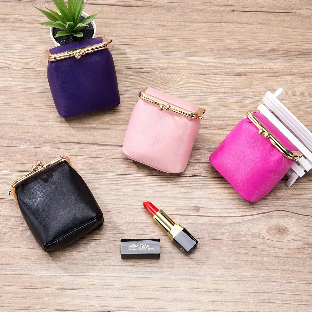 Lipstick bag ladies soft sheepskin lipstick case multifunctional mini convenient metal clip cosmetic coin makeup purse organizer