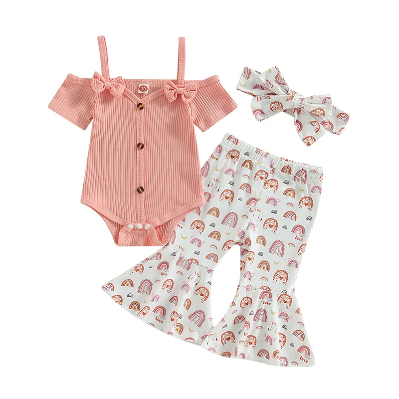 Newborn Infant Baby Girl Clothes Suits Solid Color Ribbed Off Shoulder Romper Flower Rainbow Print Flare Pants Headband 3Pcs Set