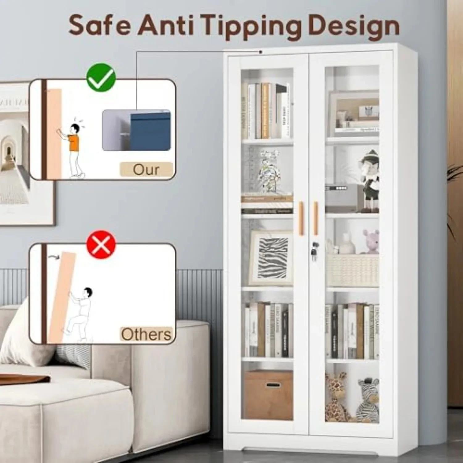 Lockable Display Cabinet with Glass Doors and 4 Adjustable Shelves | Curio Cabinets，Liquor Bookcase Bookshelf with view 6