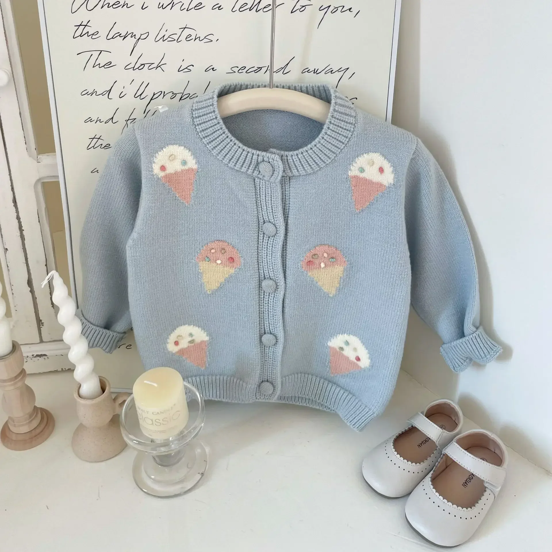 

2025 New Cute Girls' Sweater Pure Color Ice-Cream Cartoon Knitted Cardigan Acrylic Spring & Autumn Kids Outwear