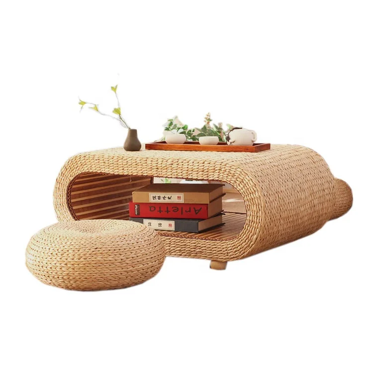 Living Room Furniture Wholesale Rustic Farmhouse Round Low Small Floor Straw Rattan Tea Table with Mat