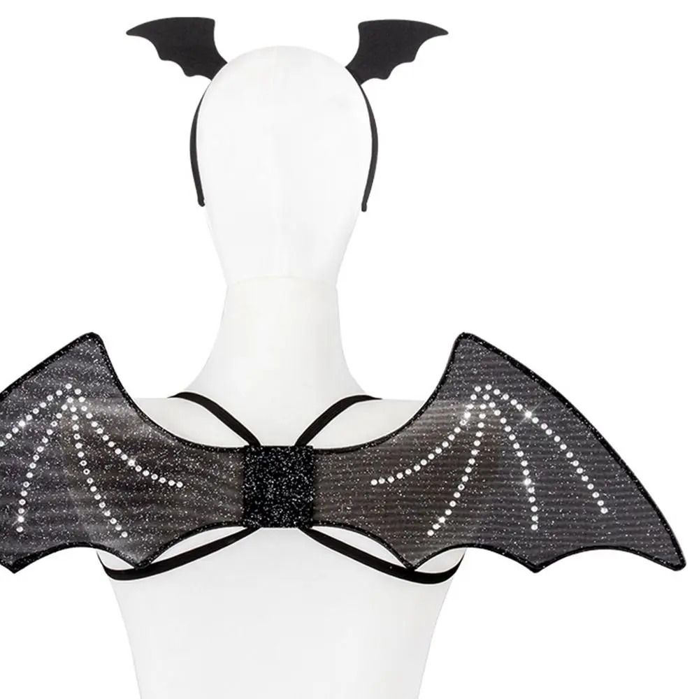 グリッターバットヘッドバンド羽セット折りたたみ式ブラックバットコスチュームキット鉄線弾性ショルダーストラップハロウィンコスプレ衣装
