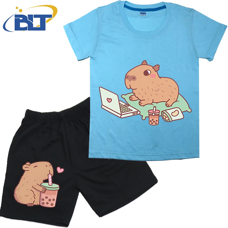 Cute Chilling Capybara With Laptop And Snacks Printed Kids T-shirt Set Summer Cotton Short Sleeve Shorts 2-piece Set