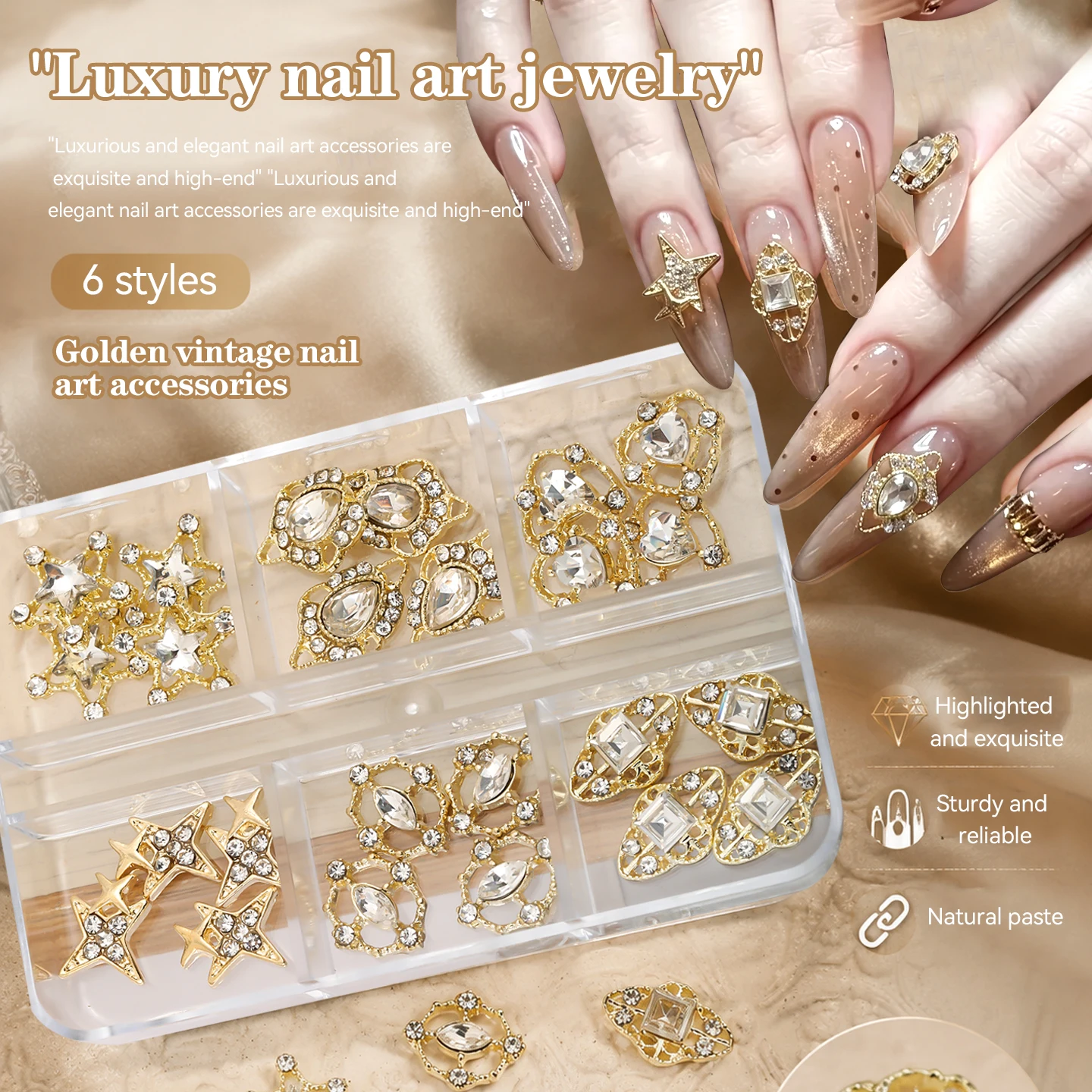 SANANIE 6 Grids Fashion 3D Gold Base Love Heart Star Nail Art Charms Studs Sparkly White Gems Rhinestones Nail DIY Accessories