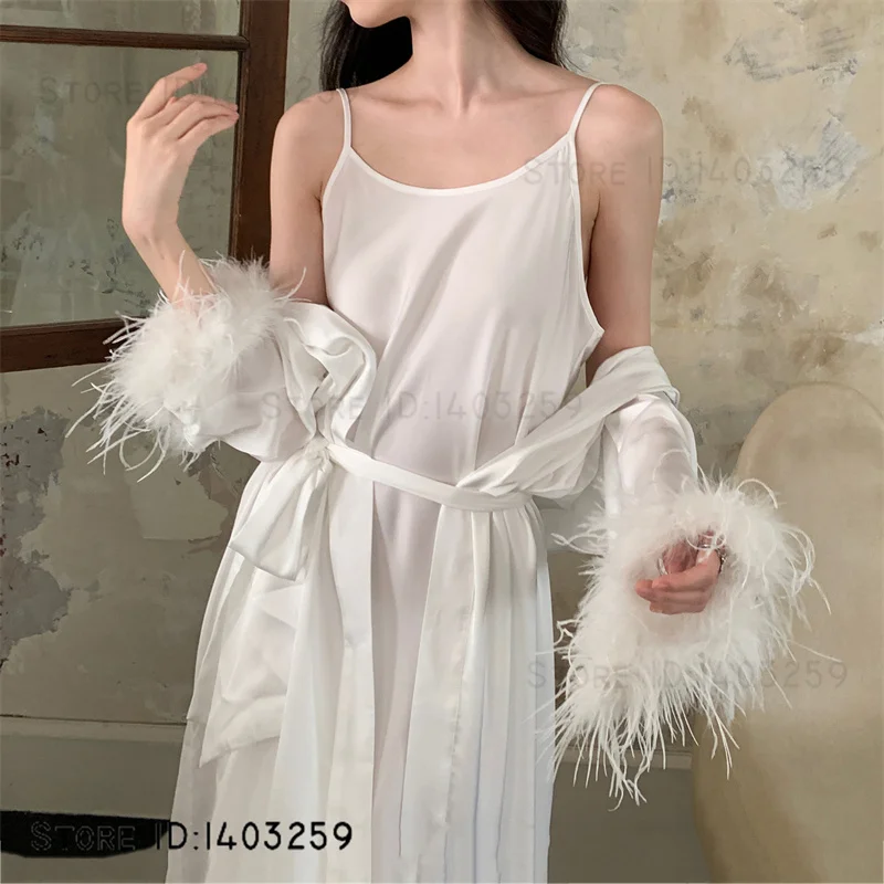 

Luxury Feather Rhinestone Wedding Robe Nightgown Set SEXY Satin Bride Kimono Gown Bathrobe Elegant Women Nightwear Home Dress