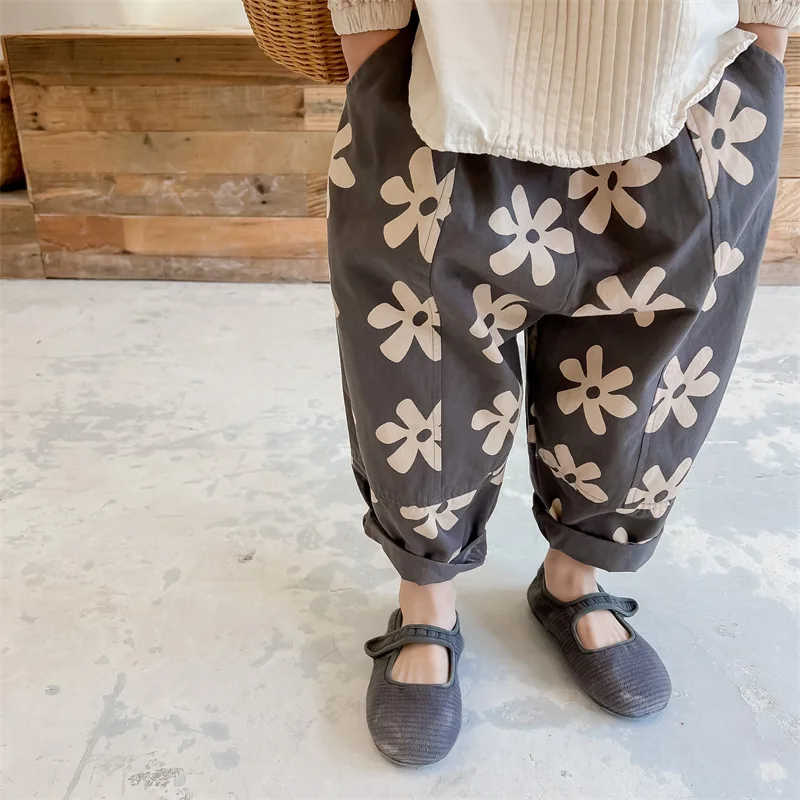 2024 New Children Casual Pants Girls Fashion Flower Print Harem Pants Kids Loose Trousers Vintage Boys Pants Autumn Clothes