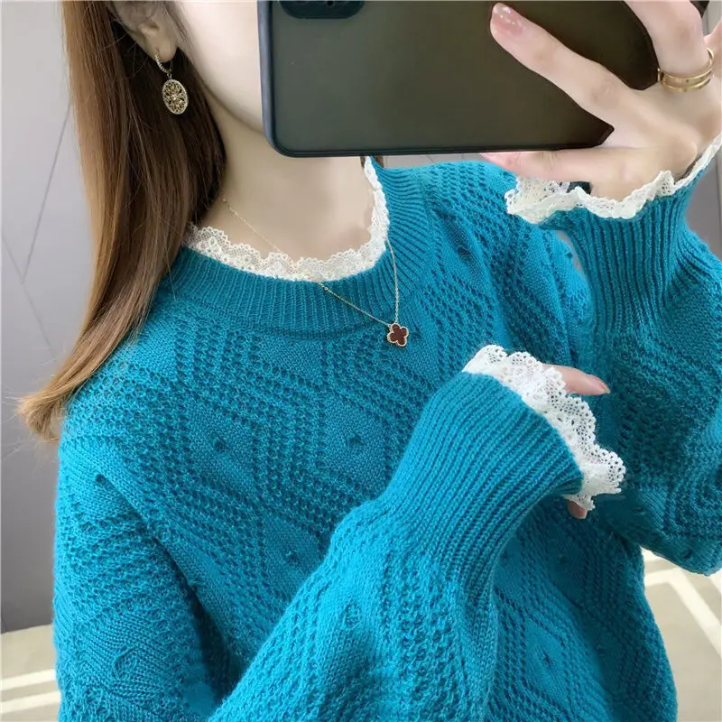 Sweet Fashion Spring/Summer Thin Women\'s Solid O-Neck Hollow Out Lace Patchwork Korean Casual Long Sleeve Pullovers Knitted Tops