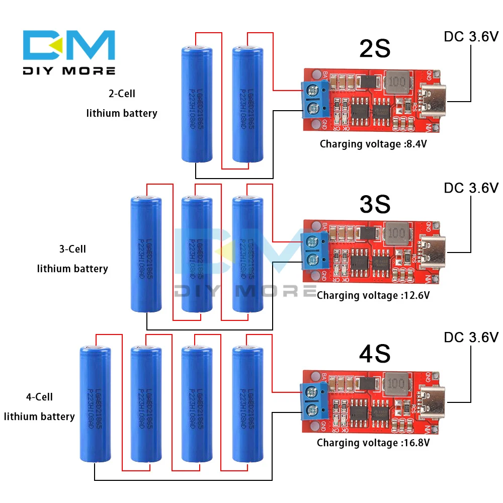 18650 Lithium Battery Step-Up Boost LiPo Polymer Li-Ion Charger Module w/ Terminals Multi-Cell 2S 3S 4S Type-C to 8.4V12.6V16.8V