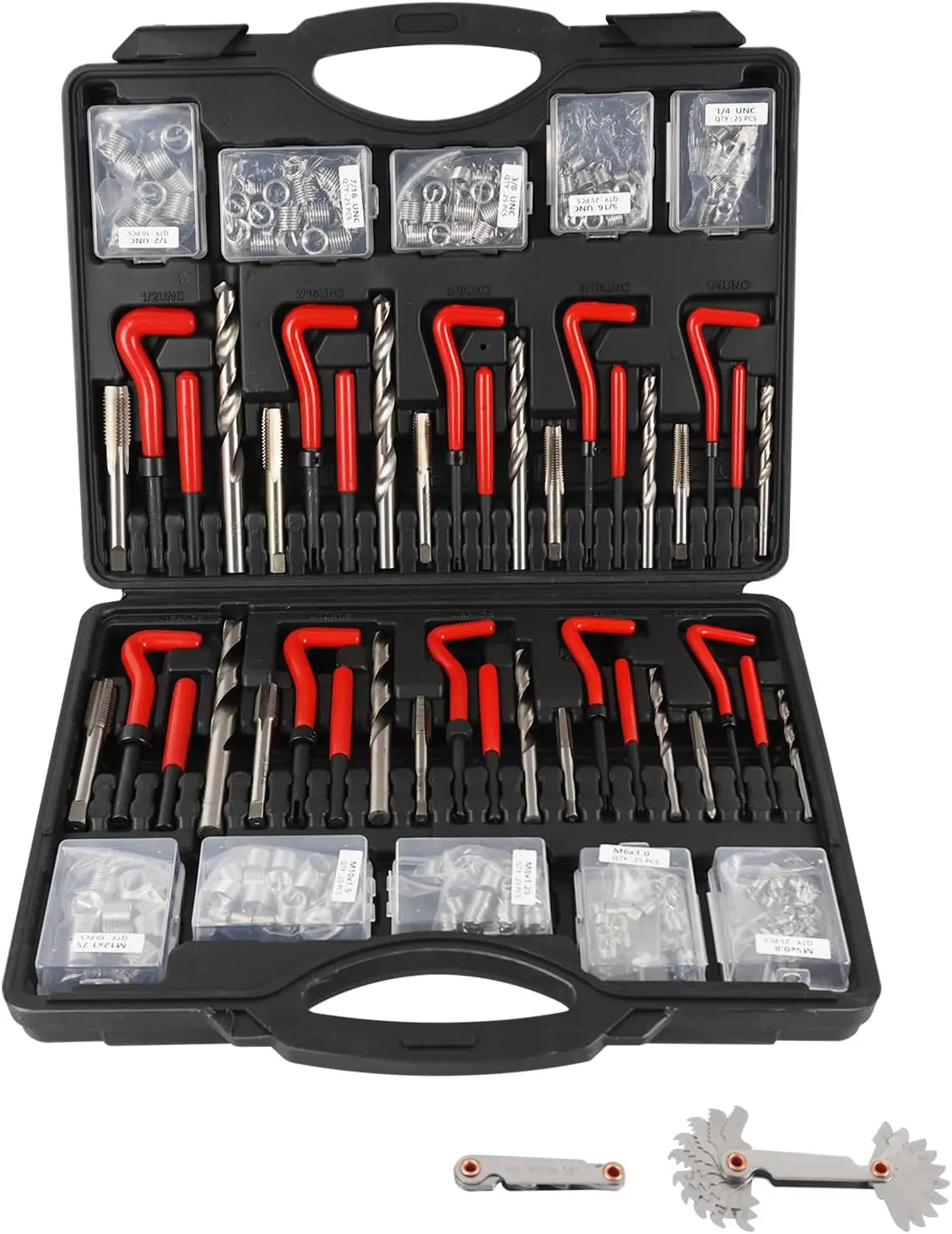 

263 PCS Thread Repair Kit HSS Drill Helicoil with Thread Gauge Metric SAE 1/4' 5/16' 3/8' 7/16' 1/2' M5 M6 M8 M10 M12